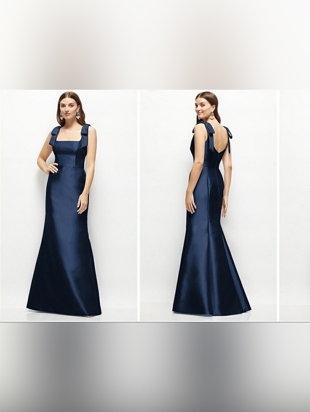 ALFRED SUNG Winslet Navy Satin Square Neck Trumpet Maxi Gown w/ Bow Shoulders 8